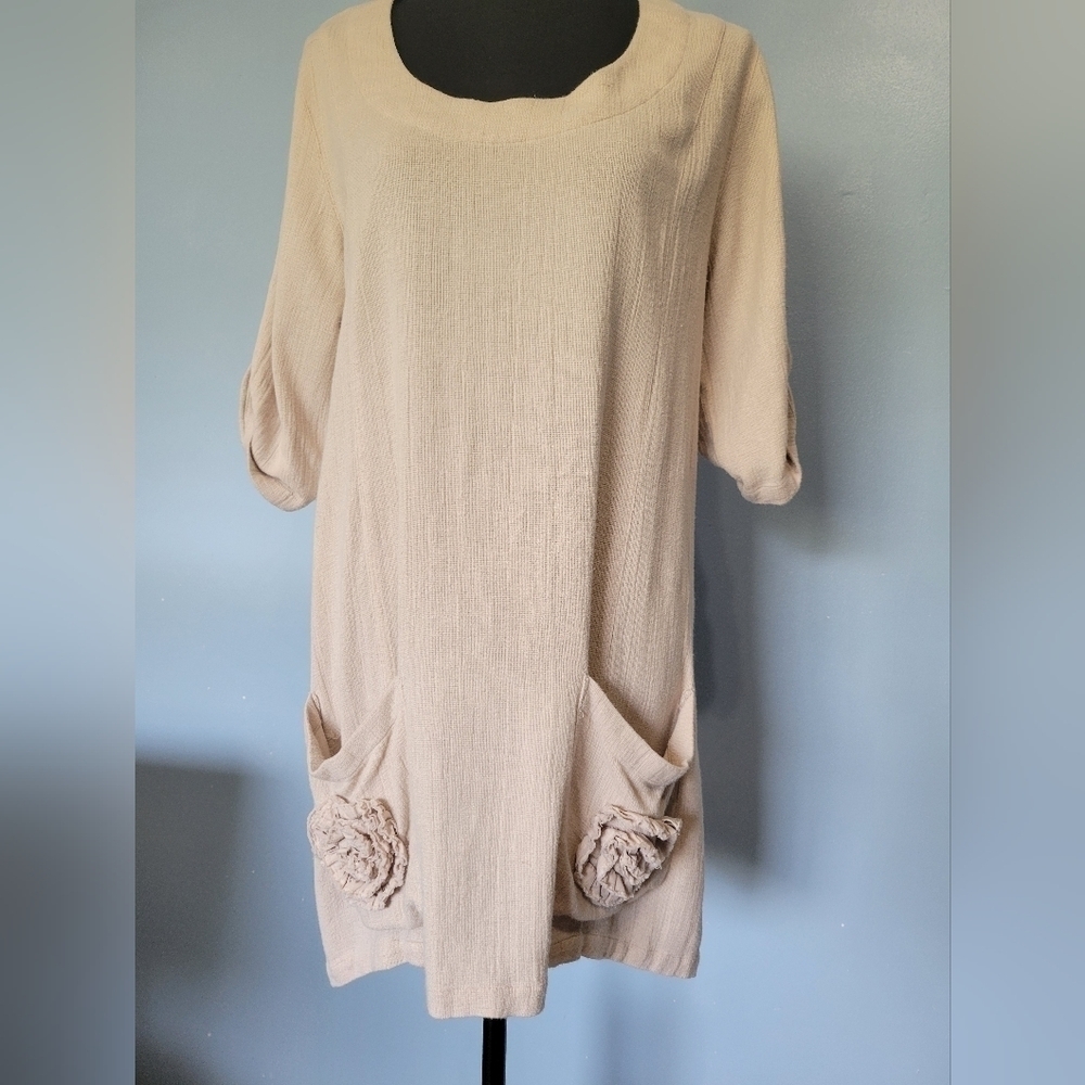 Soft Surroundings Lagenlook Dress Roll-tab Sleeve Oatmeal XS